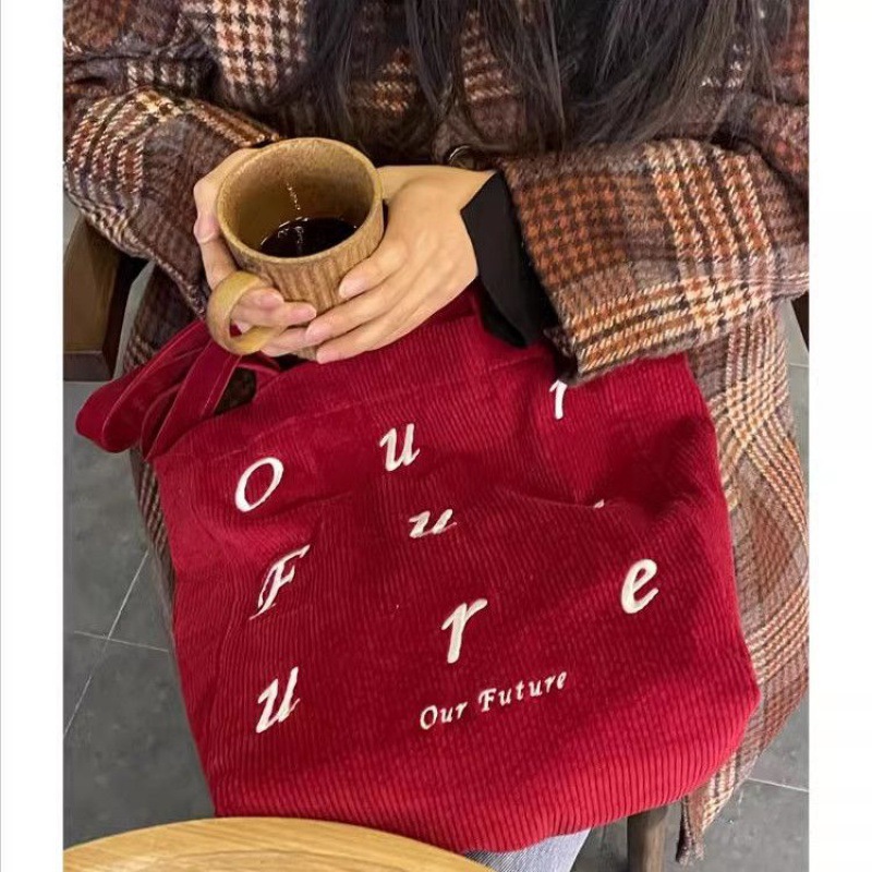 여성 레드 코듀로이 자수 숄더백 대용량 XL 토트백 지퍼형 레저 여행 가방