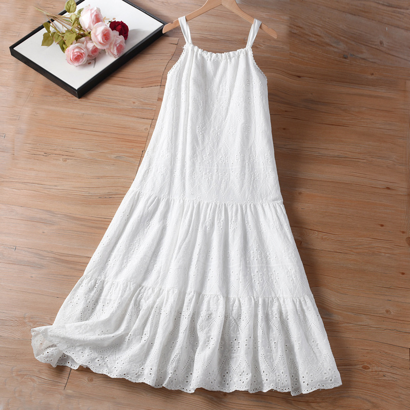 Special Offer: French-Style Vintage High-End Hollow-Out Strap Dress for Women, New Summer Model, White Long Dress for Beach Vacation