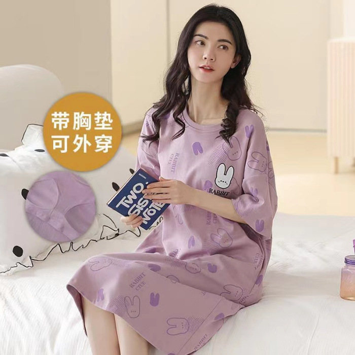 Pijama con cojín de pecho, vestido de algodón, vestido de pijama, dibujos animados dulces y lindos para aumentar la ropa para el hogar al por mayor.