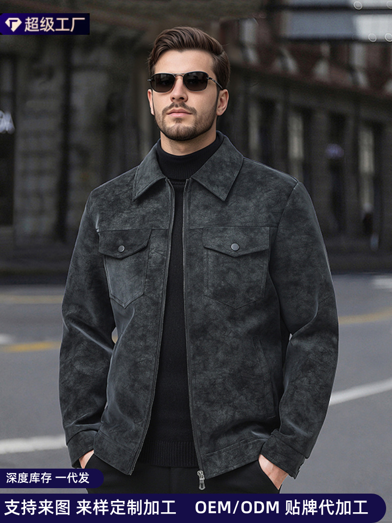 2025 otoño nueva chaqueta de herramienta PU de cuello de gamuz chaqueta de hombre chaqueta de cuello de gamuz chaqueta casual negra chaqueta retro