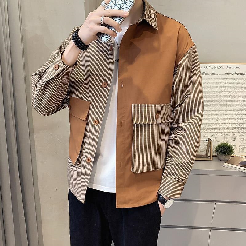 White pillow crane spring and autumn striped shirt jacket, men's trendy Korean-style, cool and stylish patchwork lapel jacket, casual top from a popular brand White pillow crane spring and autumn striped shirt jacket, men's trendy Korean-style, cool and stylish patchwork lapel jacket, casual top from a popular brand
