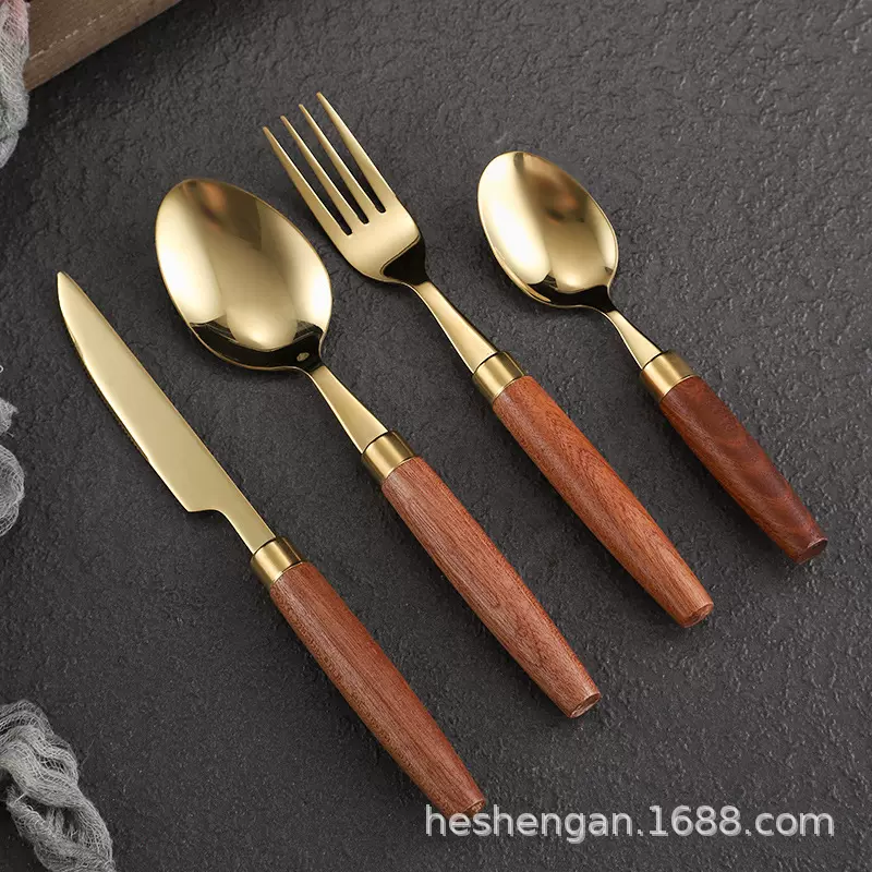 木柄牛排刀叉勺套装ins风不锈钢甜品勺子商用西餐餐具刀叉两件套