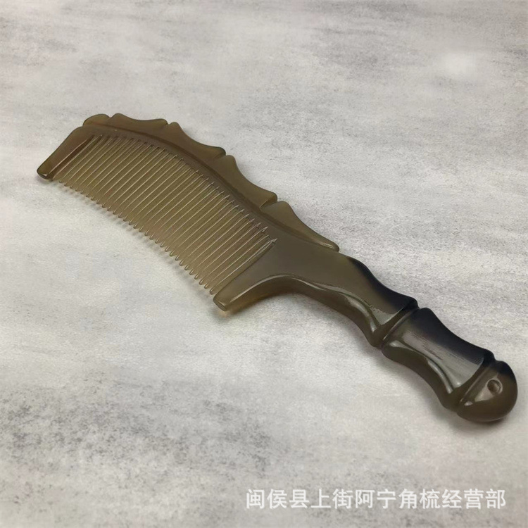 Handmade Horn Comb Bamboo Joint Handle Fine Teeth Carved Thick Round Grip 20cm overview