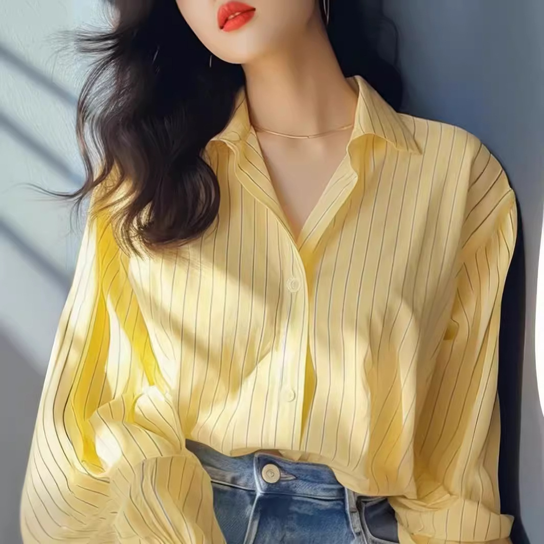 韩系黄色条纹衬衫女2024春夏季新款高级感漂亮别致小衫小香风衬衣