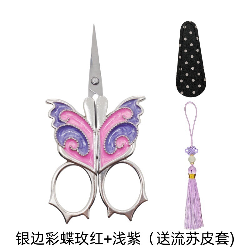 Spot venta al por mayor de mariposas pintadas exquisitas tijeras pequeñas para el hogar, punto de cruz, salón de té con estuche de cuero con flecos