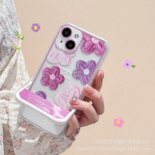 ins紫色花朵隐形支架苹果14ProMax手机壳新款iPhone13全包防摔12