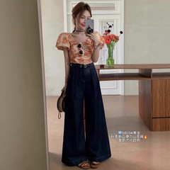 5809秋季新款高弹水洗软牛仔时尚宽松阔腿牛仔裤女高腰宽松阔腿裤
