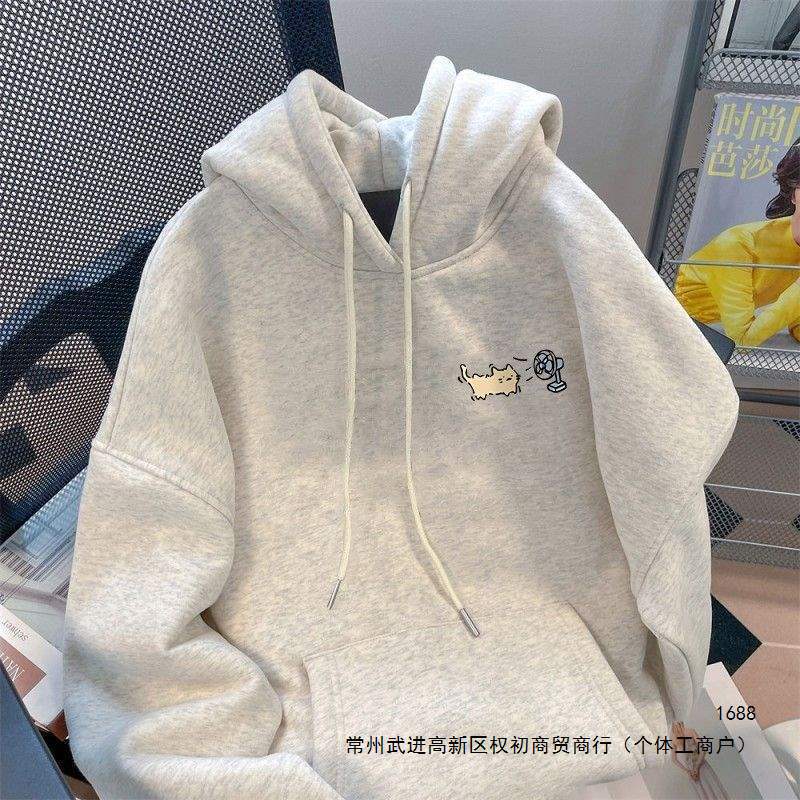 Heavyweight Cartoon Hairdresser Cat Print 2026 New Fleece-Lined Autumn/Winter Trendy Casual Hooded Sweatshirt for Men, Niche Brand