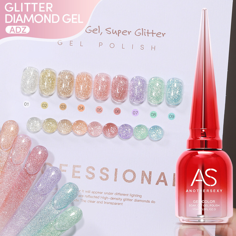 As Cross-Border Spring and Summer New Nail Polish Gel, Wet Shiny Glitter Gel, Versatile Nail Gel, Reflective Flash Water-Like Phototherapy Gel