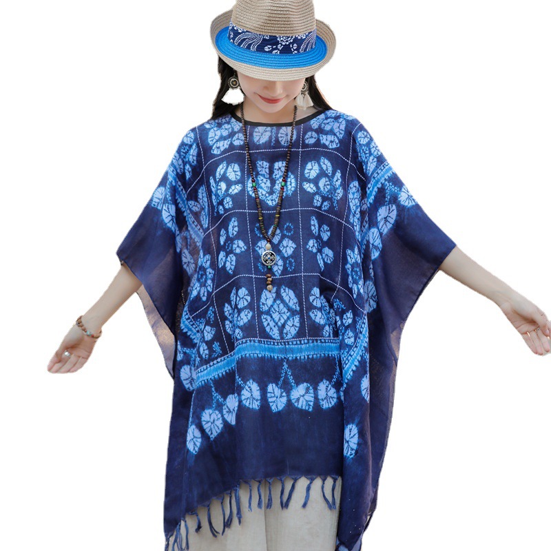 2023 estilo étnico azul teñido artístico todo-fósforo bufanda viaje protector solar capa algodón y lino sensación bufanda grande suéter chal