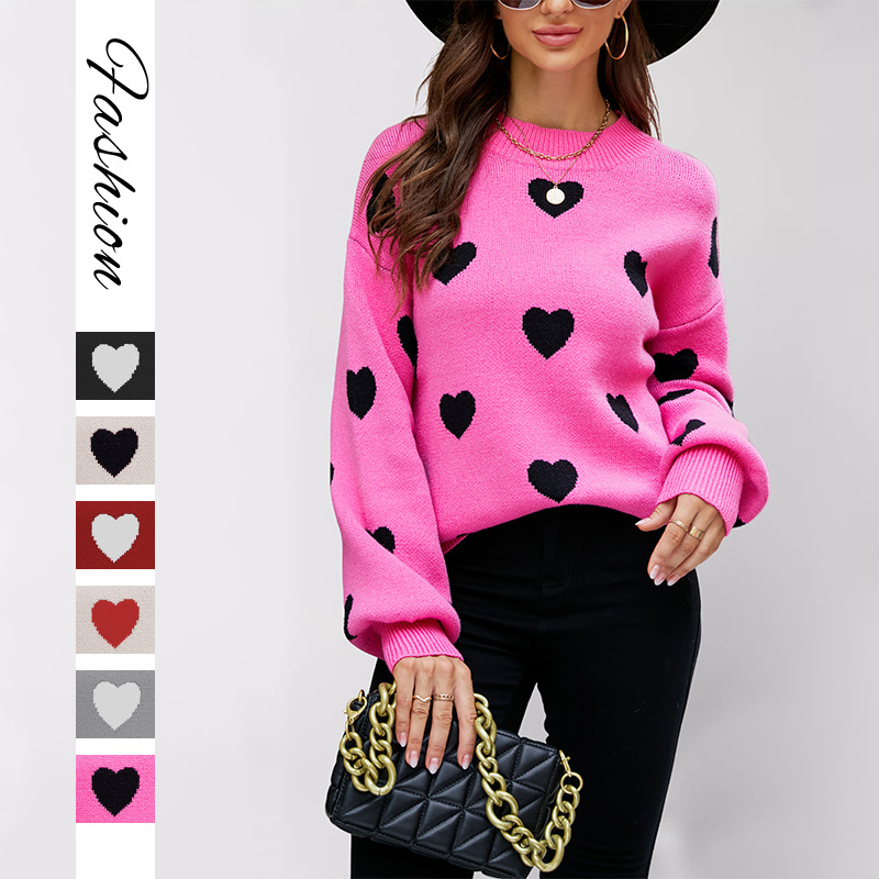 Suéter de Punto para Mujer, Diseño de Corazón para el Día de San Valentín, Estilo Europeo y Americano, Invierno 2025, Talla Grande, Holgado, Transfronterizo