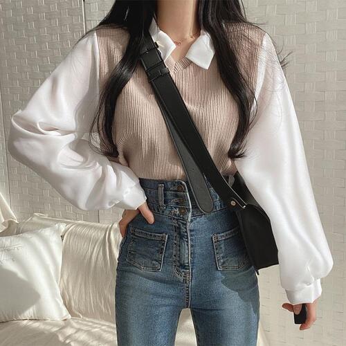 Large size fat mm fake two-piece T-shirt for women with spliced ​​POLO collar long-sleeved sweatshirt threaded loose versatile top