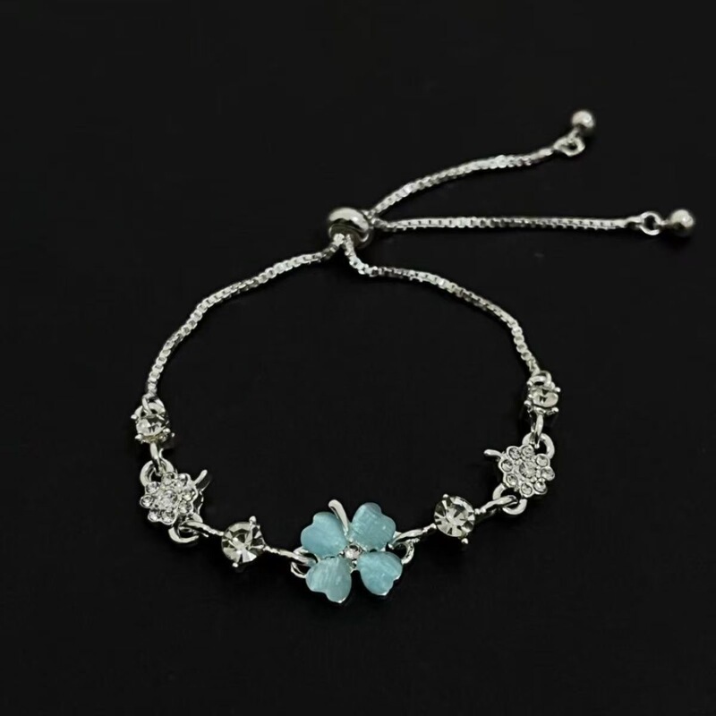New Lucky Four-Leaf Clover Bracelet, High-End Simple Ins Style Gift for Best Friends, Electroplated Long Cat's Eye Stone Jewelry