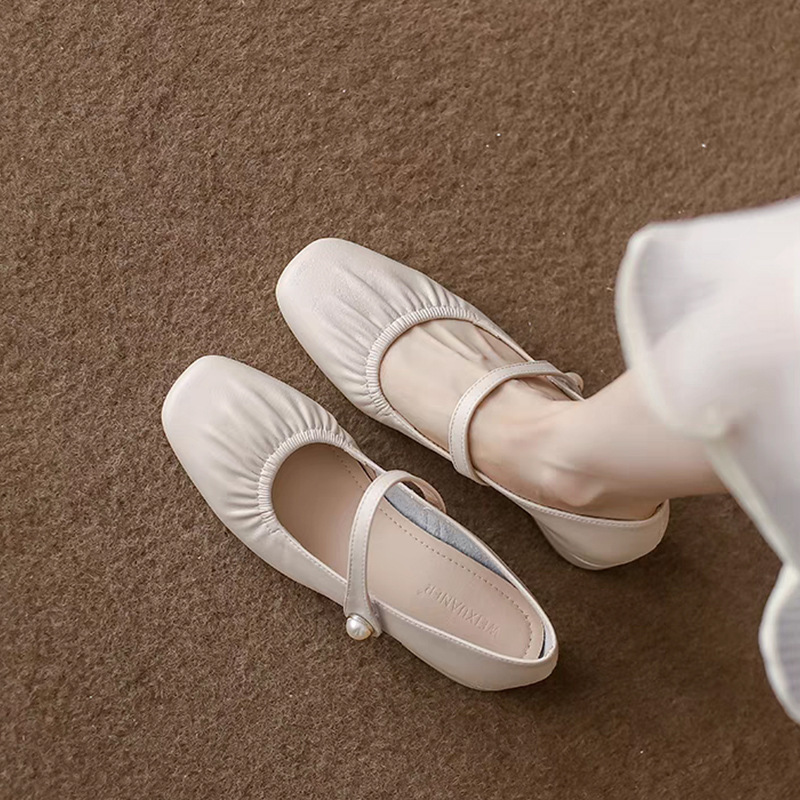 Tk French-Style Square-Toe Silver Single Shoes for Women, 2025 New Summer Model, Elegant Low-Heel Shallow Mary Jane Leather Shoes