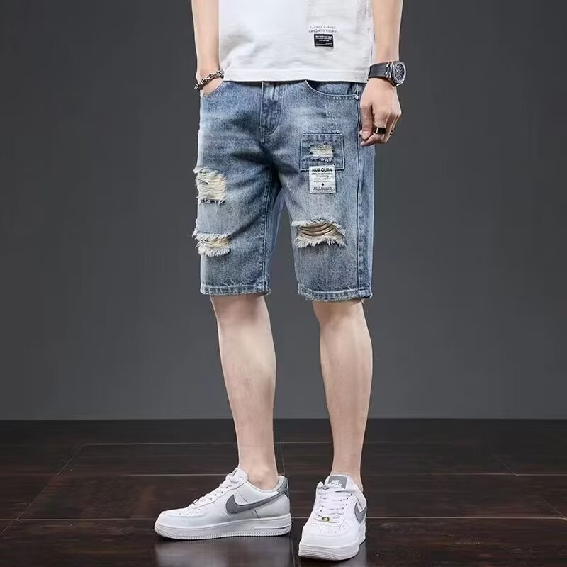 American-Style Casual Retro Distressed Denim Shorts for Men, Loose Trendy Cool Five-Point Shorts, Summer Thin Mid-Length Pants American-Style Casual Retro Distressed Denim Shorts for Men, Loose Trendy Cool Five-Point Shorts, Summer Thin Mid-Length Pants