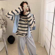 100%全羊毛长袖条纹拼接设计感针织羊毛衫女显瘦百搭欧洲站2025年