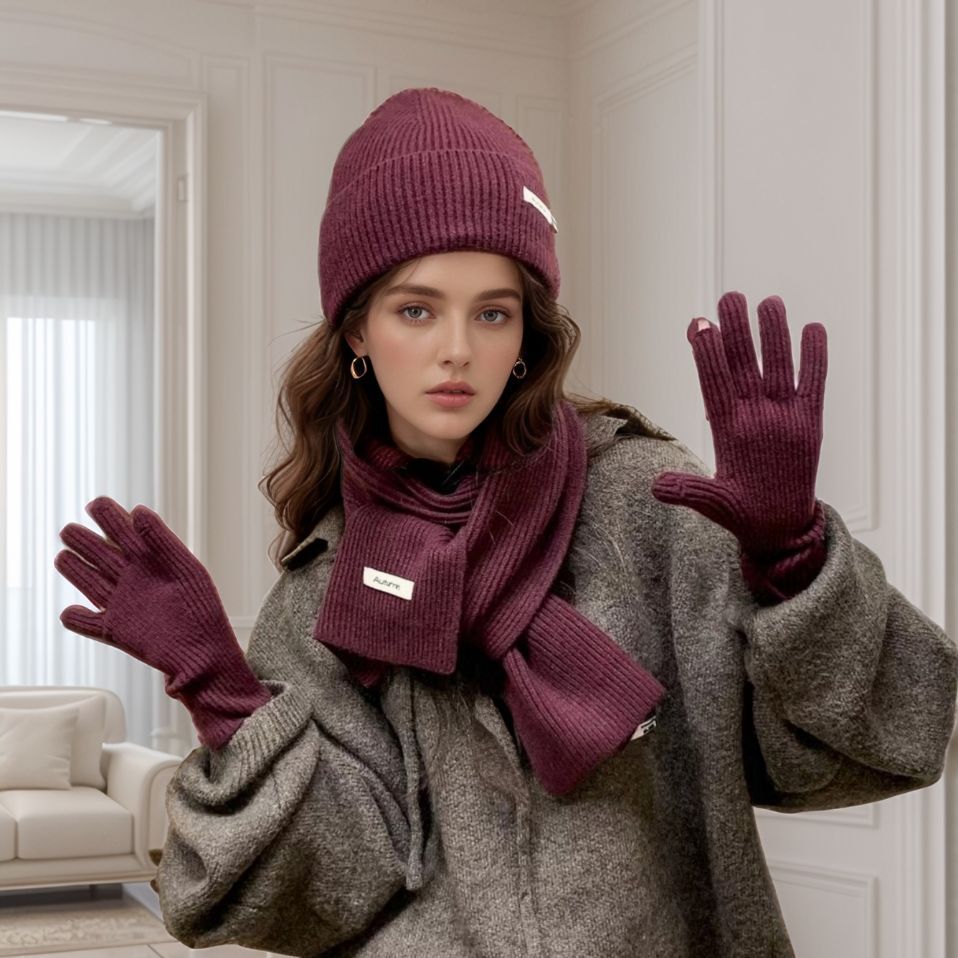 Korean Style Woolen Scarf for Women, Warm Hat, Gloves, Three-Piece Set, Cold-Proof, Warm, Soft Neck Warmer, Ancola Red