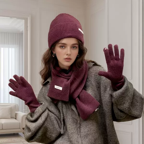 Korean Style Woolen Scarf for Women, Warm Hat, Gloves, Three-Piece Set, Cold-Proof, Warm, Soft Neck Warmer, Ancola Red