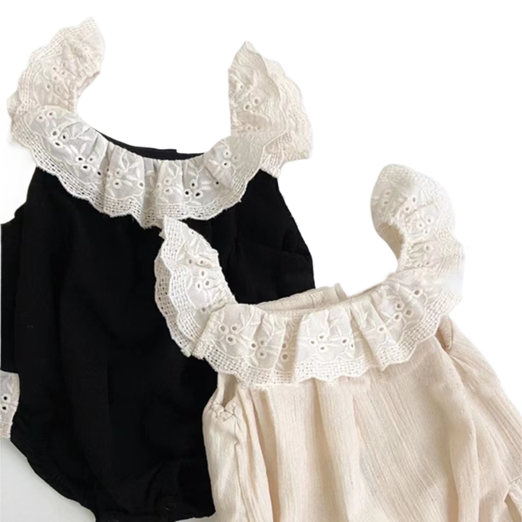 Estilo coreano bebé volando manga de encaje cuello redondo de las mujeres triángulo mameluco estilo occidental versátil refrescante verano bolsa peo mameluco