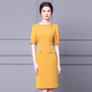 Zhili yellow dress bubble sleeve 2021 summer dress new high-end Nail Drill waist thin over the knee buttock skirt