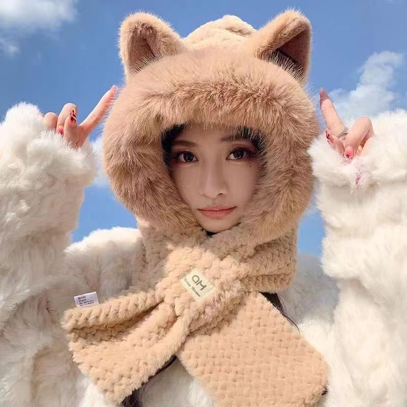 冬のかわいいキツネ耳ぬいぐるみ耳保護帽子、ネックスカーフ、オールインワン暖かい帽子、多用途の顔見せの小さな秋冬帽子|undefined