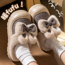 高跟棉拖鞋女士冬季2025新款厚底增高保暖加绒蝴蝶结拖鞋女秋冬外