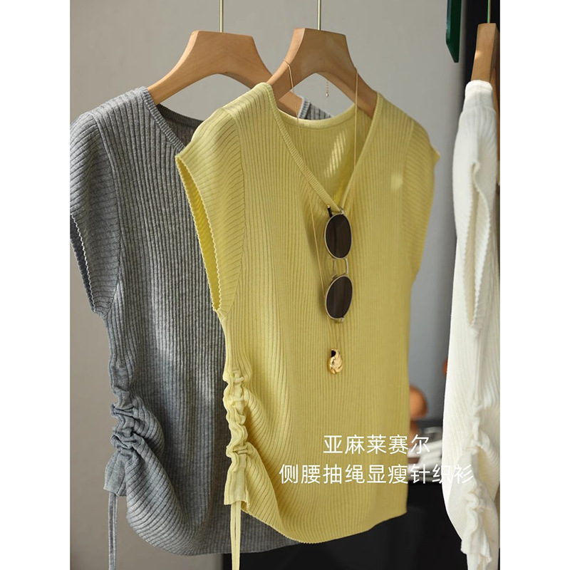 Linen Lyocell Drawstring Slimming Waist Ribbed Crew Neck Short Sleeve Thin Knit T-Shirt for Women Summer