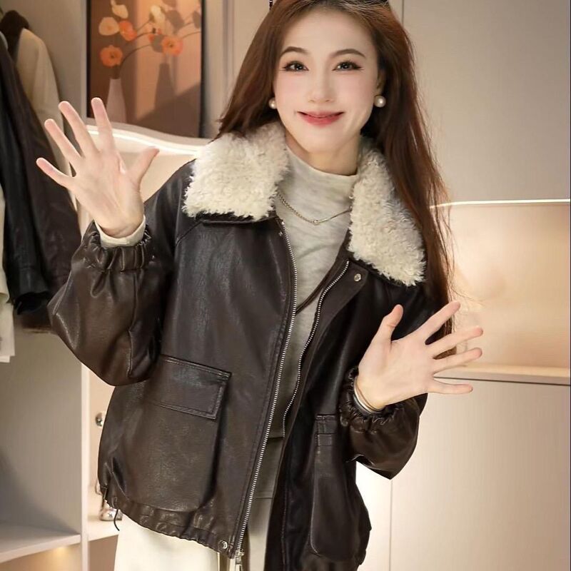 Velvet Leather Jacket for Women, High-End, Small, 2025 New Winter Loose Short Pu Leather Jacket