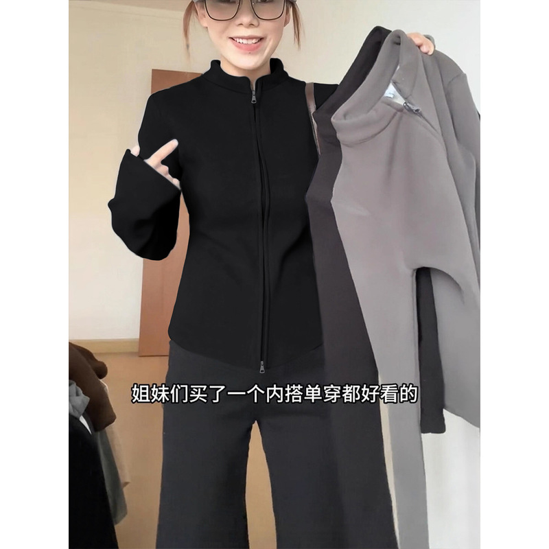黑色正肩修身外套女款秋短款卫衣韩系早秋季穿搭薄款女冲锋衣内胆|undefined