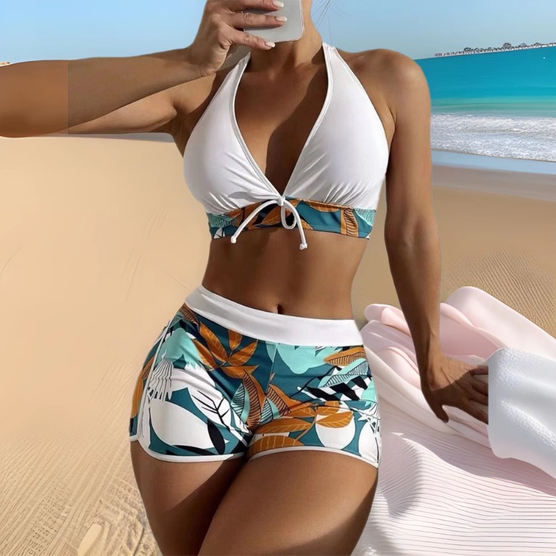 European and American Hot-selling New Style Split Swimsuit Women's Hanging Neck Tether Chest Gathered Backless Sexy Printed Bikini Swimsuit