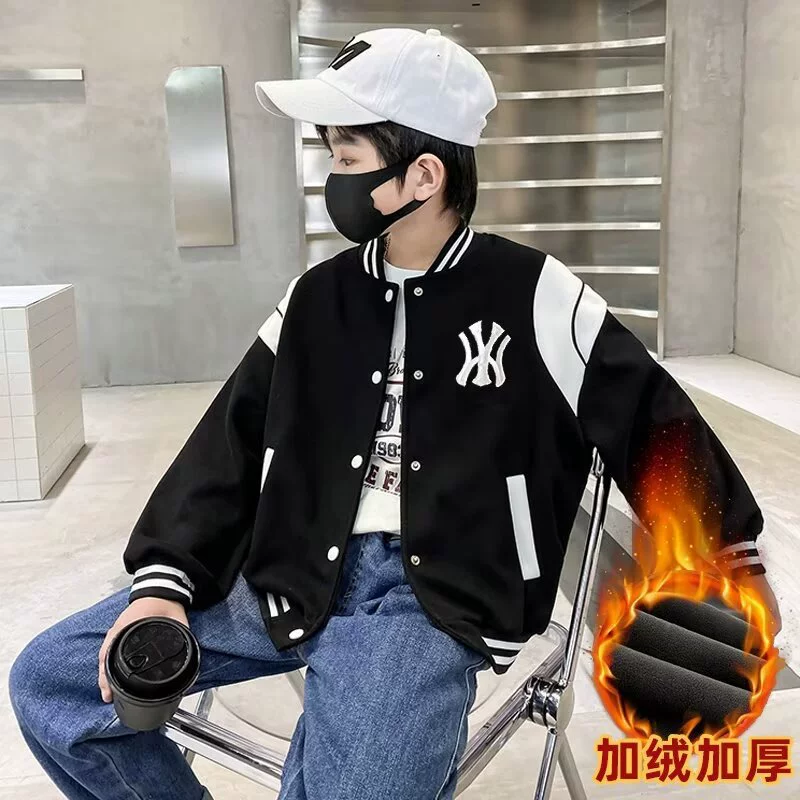 Куртка для мальчиков, детская бейсбольная форма, новинка 2025 года, стильная утепленная флисовая куртка для детей постарше, модная осенне-зимняя куртка
