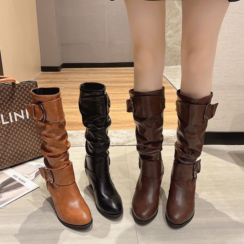 中筒靴女大码2025春秋新款棕色粗跟复古高筒女美式靴西部靴骑士靴