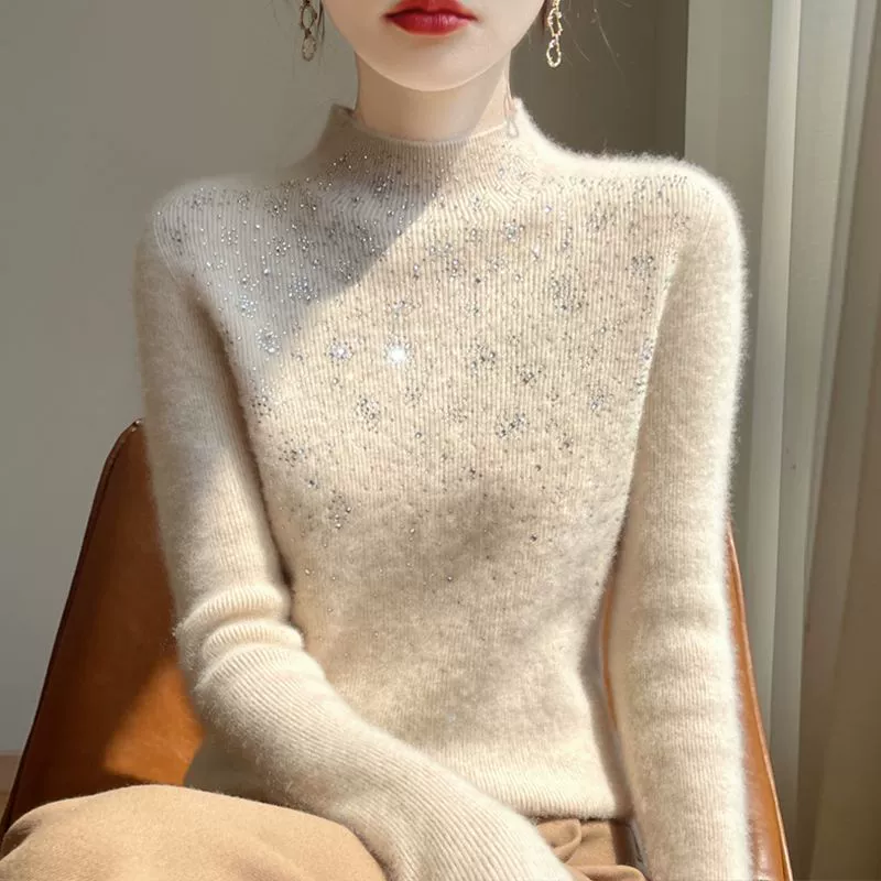 Темперамент Горячем бриллиантовый свитер с половинным вырезом женский 2024 осень и зима новый стиль иностранного стиля тонкий свитер с длинными рукавами