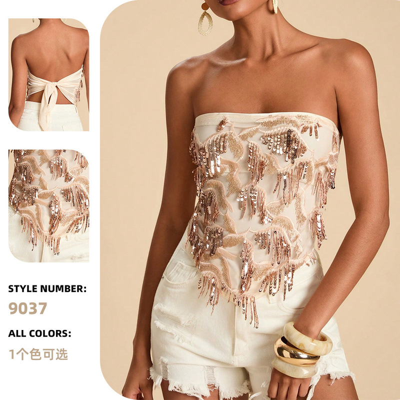 Cross-Border New Style Sequined Tassel Back-Tie Asymmetrical Hem Strapless Top Tube Top for Vacation Travel Music Festival Cross-Border New Style Sequined Tassel Back-Tie Asymmetrical Hem Strapless Top Tube Top for Vacation Travel Music Festival