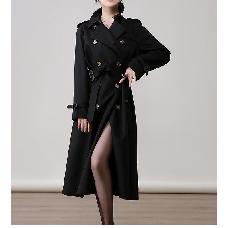 Spot manufacturers wholesale Hepburn wind elegant temperament worsted wool double-breasted black windbreaker women's coat long