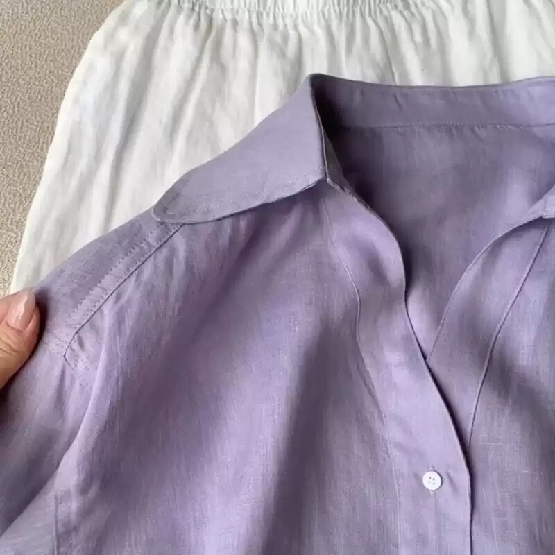 Highly Recommended! Light Purple V-Neck Linen Shirt for Women, New Summer Style Polo Collar Loose Sun Protection Top Highly Recommended! Light Purple V-Neck Linen Shirt for Women, New Summer Style Polo Collar Loose Sun Protection Top