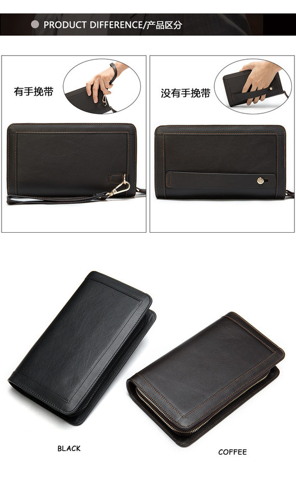 Ví nam da bò thật dáng dài kiểu clutch có khóa kéo hai lớp và ngăn đựng tiền xu — Cà phê/khóa kéo đơn, Màu Đen/khóa kéo đơn, 9013 màu đen, Cà phê 9013 chi tiết 28