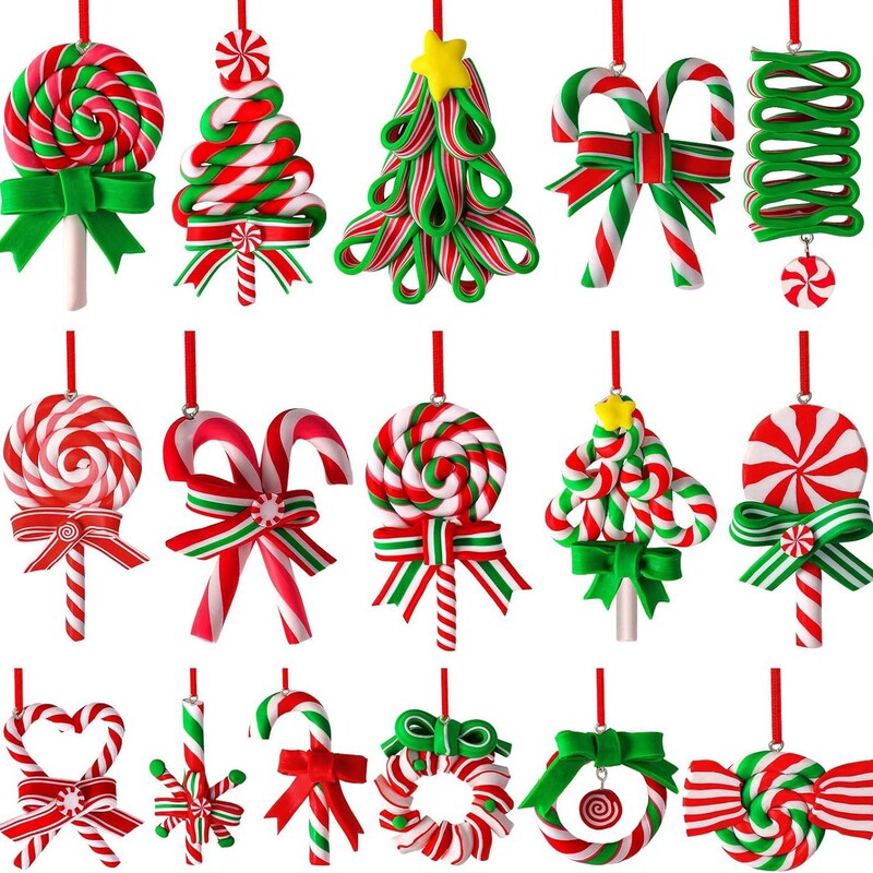 16 Lollipop Christmas Decorations, Wooden Hanging Candy Cane Ornaments, Mint-Shaped Hanging Decorations