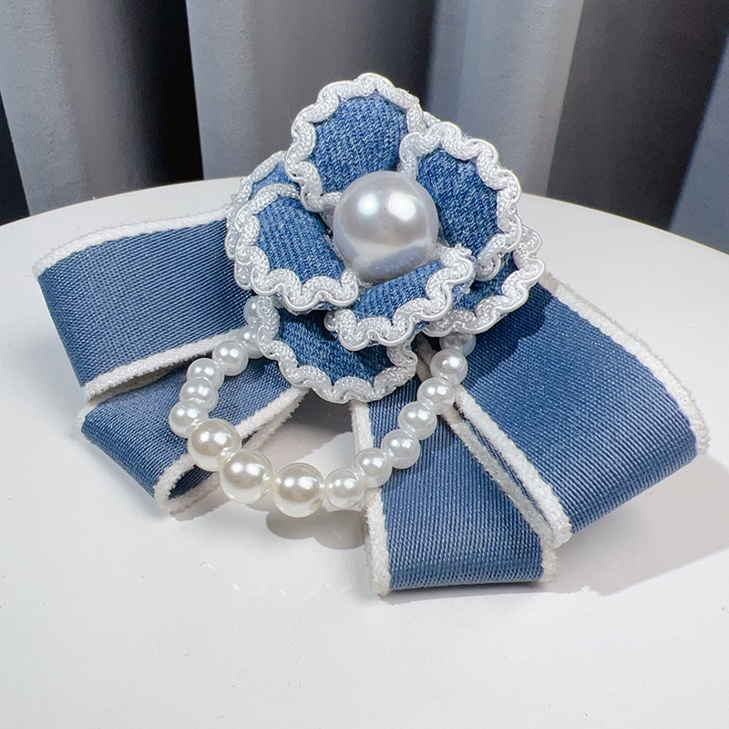 French Style Camellia Brooch With Pearl And Blue Bow For Women_voghion.com