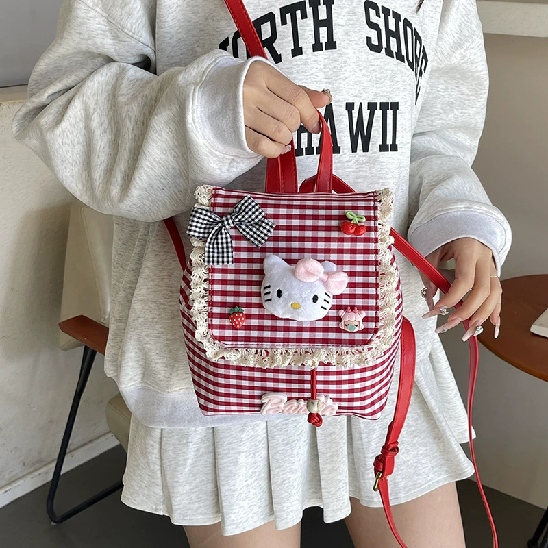 Мини‑рюкзак (Hello Kitty) в клетку с кружевом, 17×9×21 см, лёгкий 0,27 кг