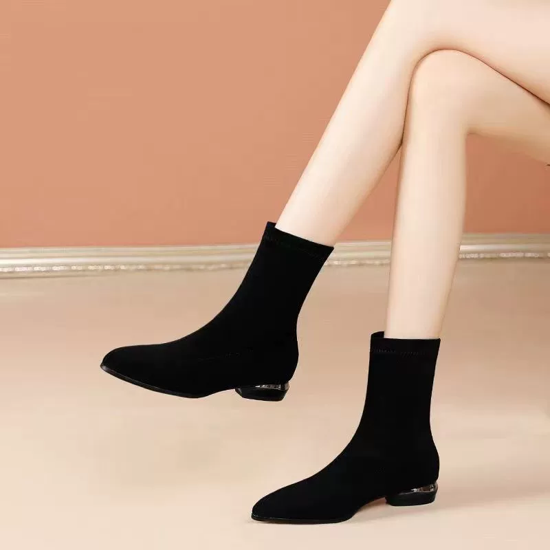 Короткие сапоги Женские 2023, новые весенне-осенне-зимние одиночные сапоги на флисовой подкладке, на среднем каблуке и плоской подошве, универсальные эластичные одиночные сапоги на толстом каблуке с мягкой подошвой