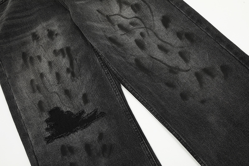 Unisex High Street Distressed Whiskered Ripped Black Jeans American Style Vibe Washed Straight Leg Slightly Flared Hip Hop Floor Length Pants_mkmklike.com