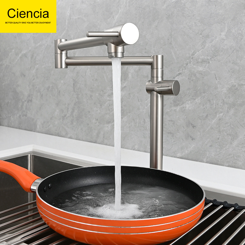 Brass folding single cold faucet vertical sink rotatable faucet kitchen double switch lengthened faucet