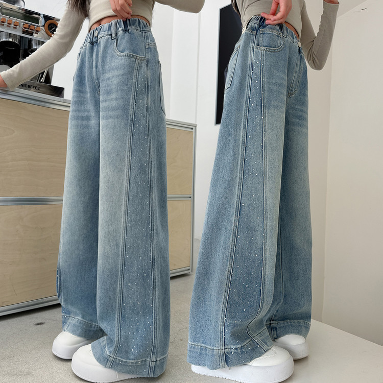 Girls' Rhinestone-Embellished Denim Pants, Spring and Autumn Children's Wide-Leg Pants, New Spring and Autumn Straight-Leg Pants for Older Children, Versatile Long Pants Girls' Rhinestone-Embellished Denim Pants, Spring and Autumn Children's Wide-Leg Pants, New Spring and Autumn Straight-Leg Pants for Older Children, Versatile Long Pants