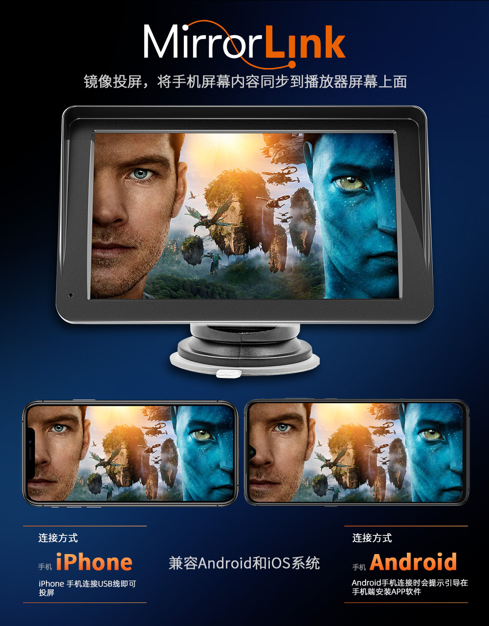 Chinese 7-inch portable car universal navigation mobile phone interconnection screen wireless Carplay HICAR Bluetooth