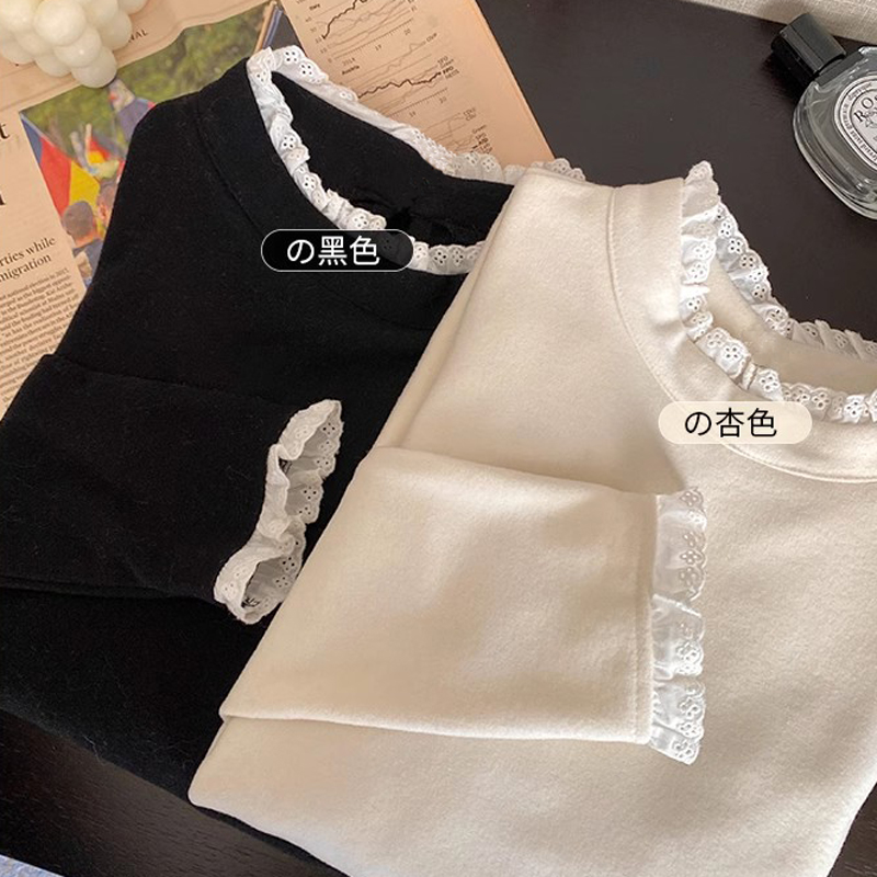 달콤한 소녀 순수한 욕망 스타일 긴팔 티셔츠 여성용 레이스 하프 하이 칼라베이스 셔츠 드 벨벳 기모 내복 옷