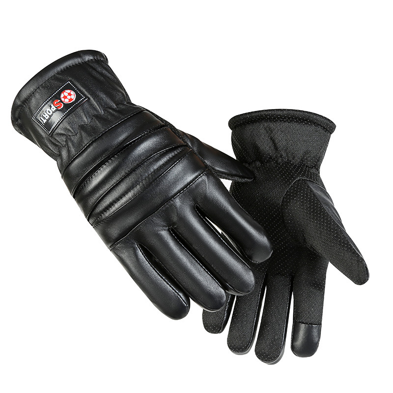 保暖手套男加絨加厚PU皮手套時尚經典開口笑手套戶外騎行防風防寒