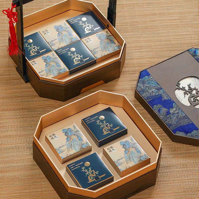 高级感木质收纳盒月饼盒子创意手提烘焙礼品包装木盒双层木质月饼