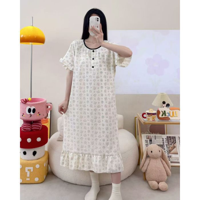 Camisón transfronterizo verano nuevo estilo femenino falda larga de manga corta dulce y linda nube de algodón estilo simple pijama de cuello redondo se puede usar afuera