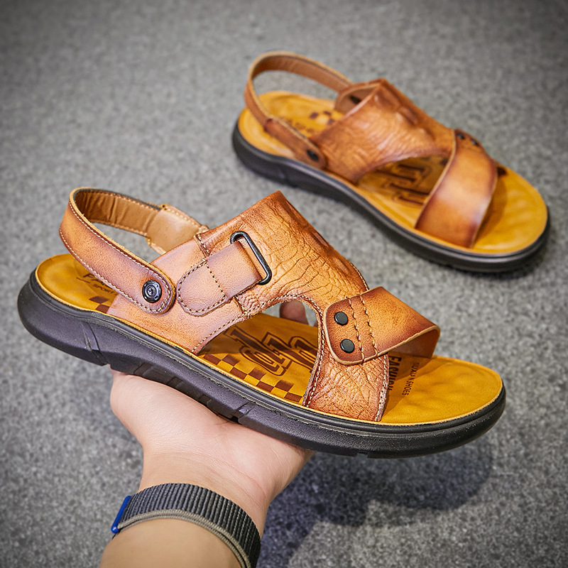 Primera capa de piel de vaca de verano sandalias de los hombres de cuero genuino zapatos casuales de playa de los hombres papá zapatillas de cuero sandalias transpirables zapatos de los hombres suaves